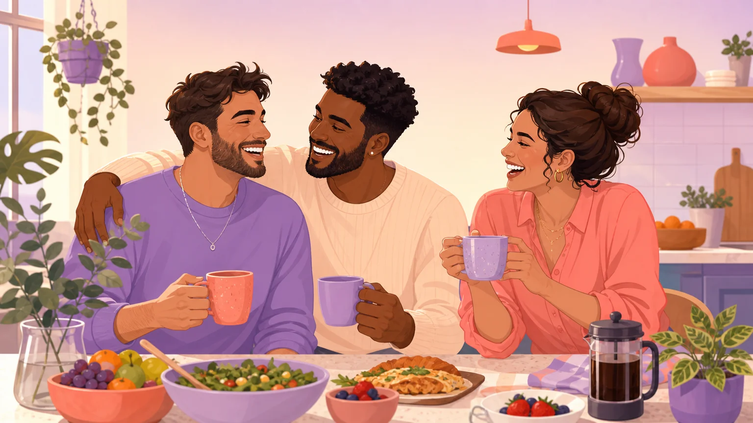 Three friends laughing together around a kitchen table, illustrating chosen family