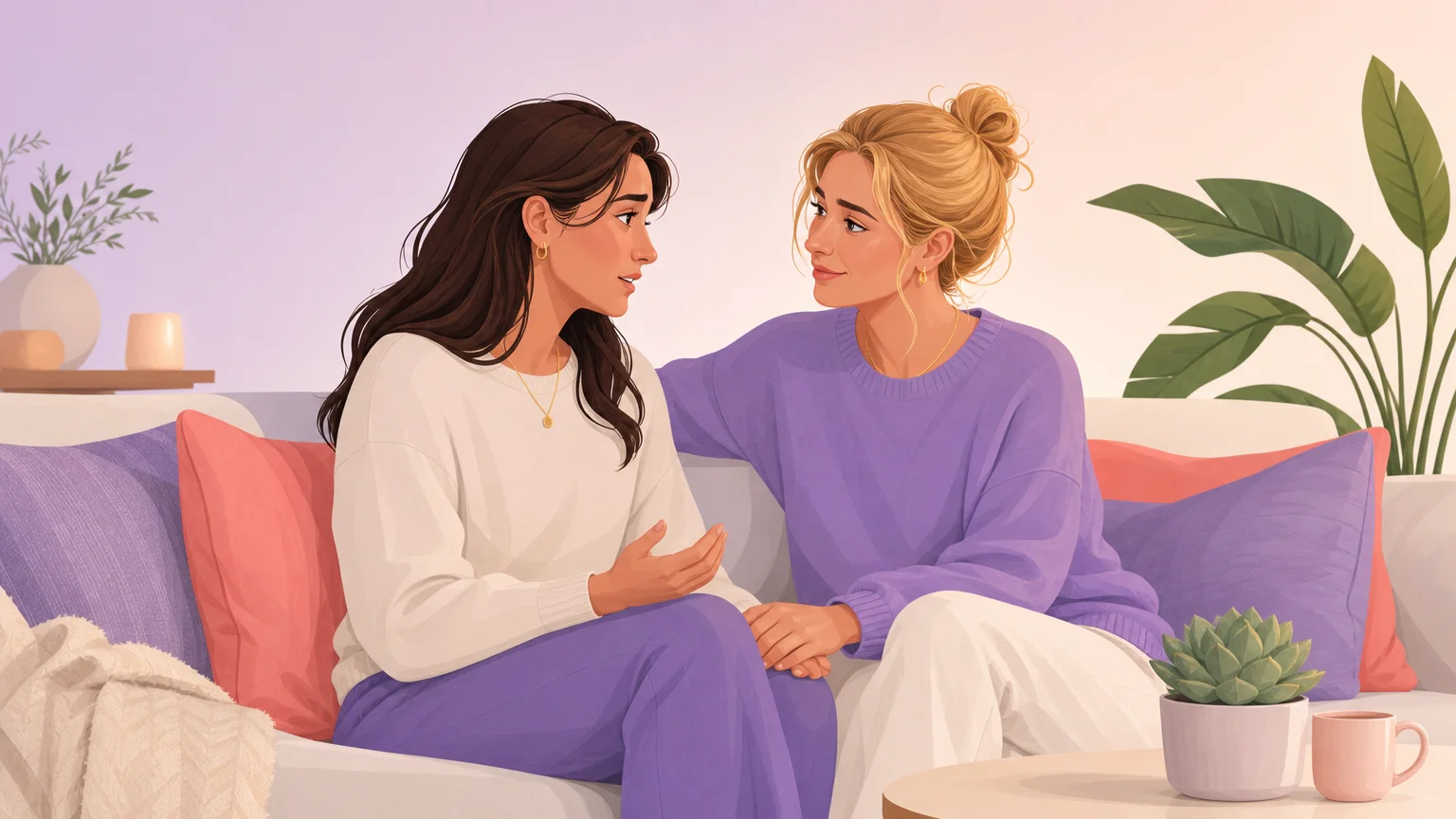 Two people sitting close together on a couch during a quiet coming-out conversation