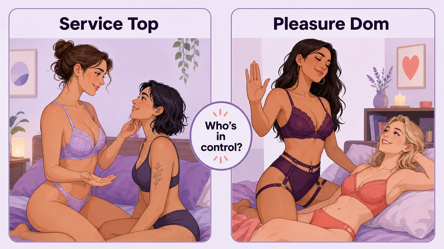 Comparison illustration: a service top follows the lead, a pleasure dom directs everything