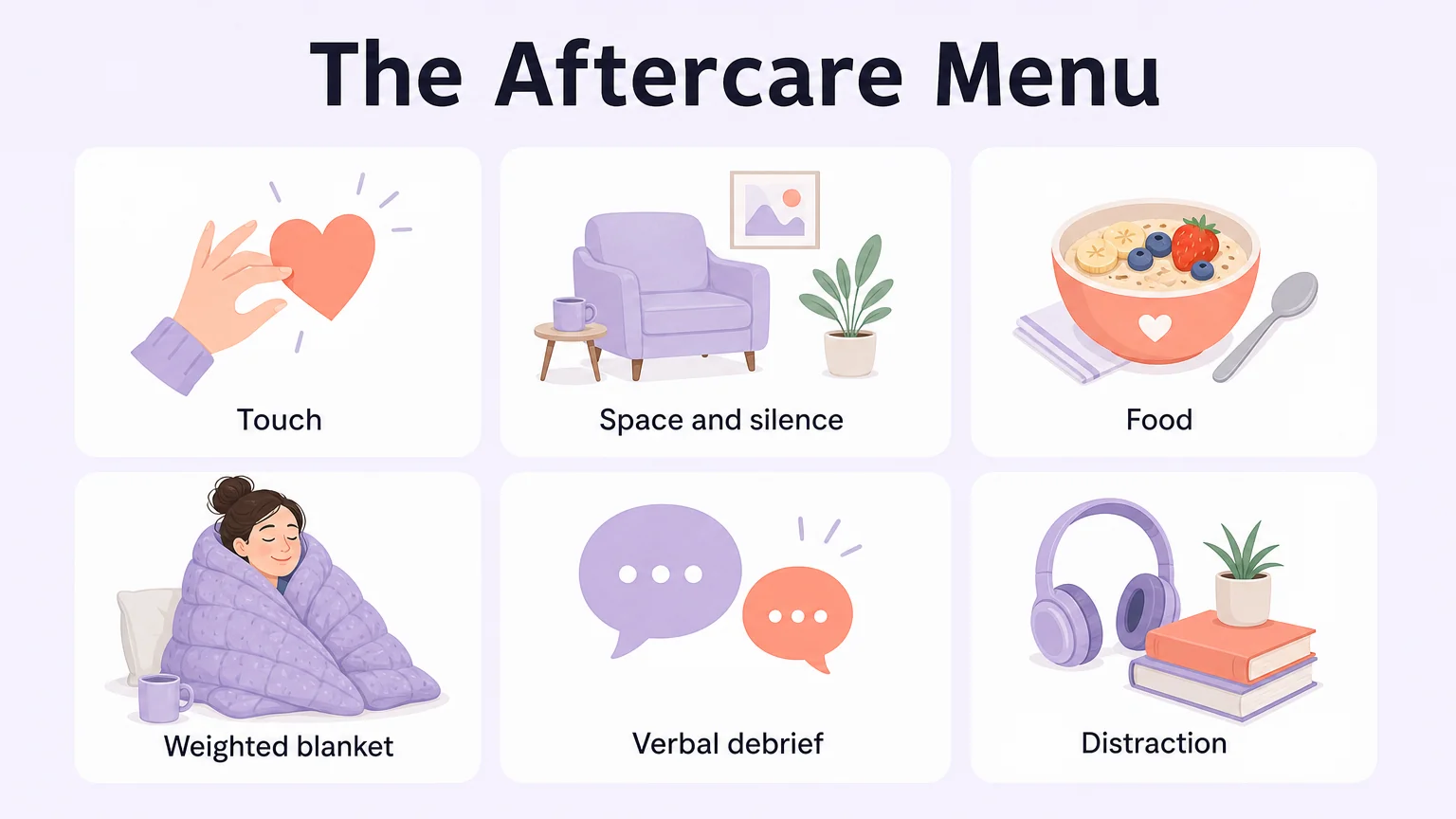 The aftercare menu: touch, space and silence, food, weighted blanket, verbal debrief, distraction