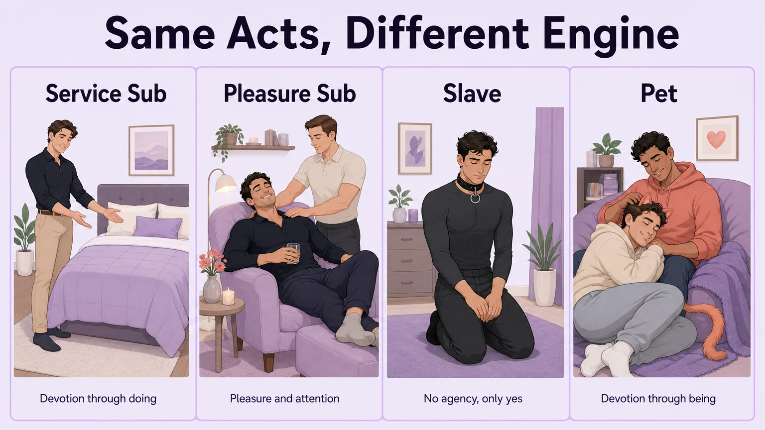Four-panel comparison of the service sub, pleasure sub, slave and pet roles