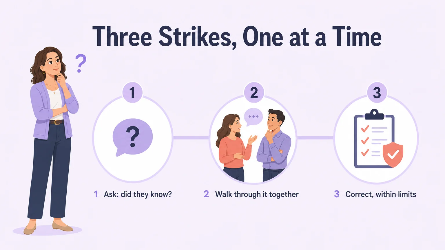 Three-strikes correction model: ask whether they knew, walk through it together, then correct within limits