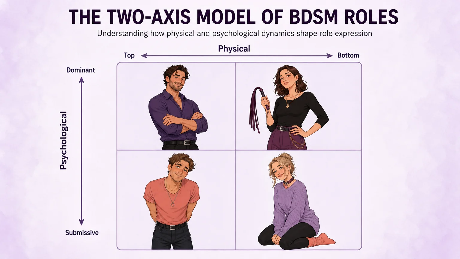 Concept illustration of the two axes of kink: physical top/bottom and psychological dominant/submissive
