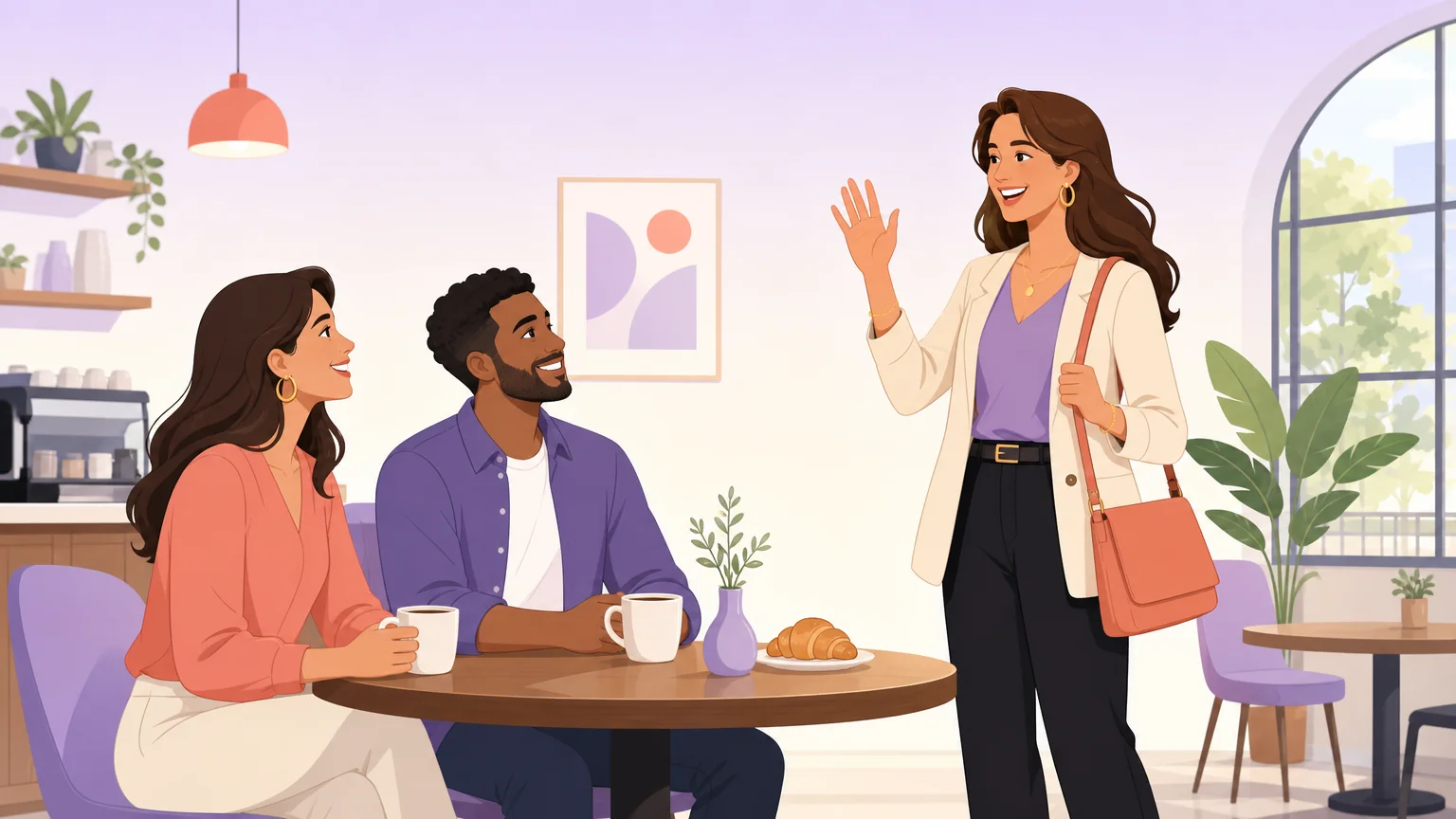 Illustration of a couple warmly meeting a new dominant woman who will join their dynamic