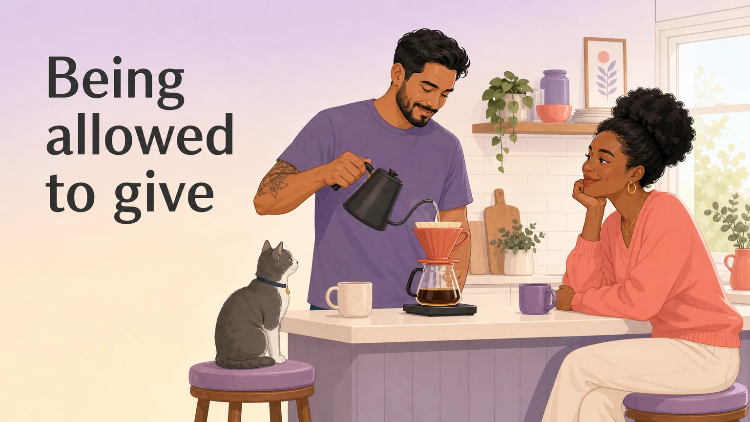 A man carefully making coffee in a bright kitchen while his partner watches with affection