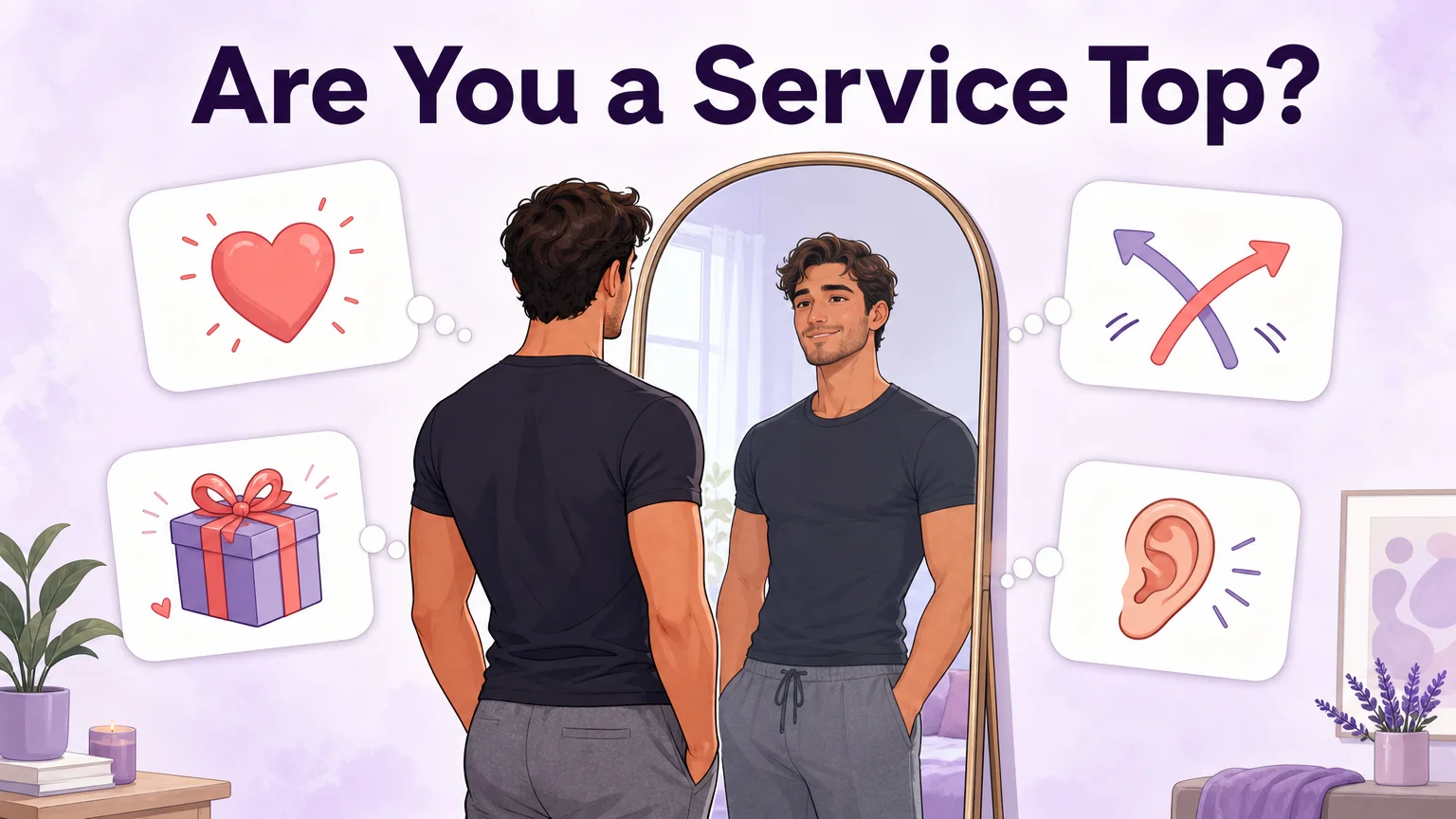 Self-test illustration: a character looking in the mirror asking, are you a service top