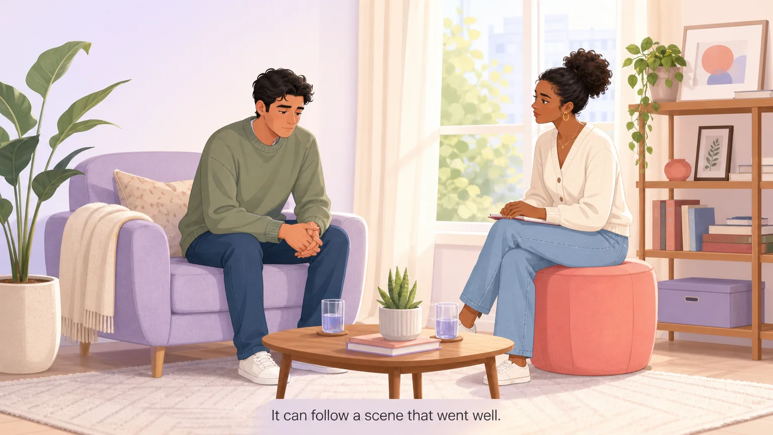 A man sitting subdued in an armchair while a woman sits nearby on a low stool, calm and attentive, in a bright daytime living room