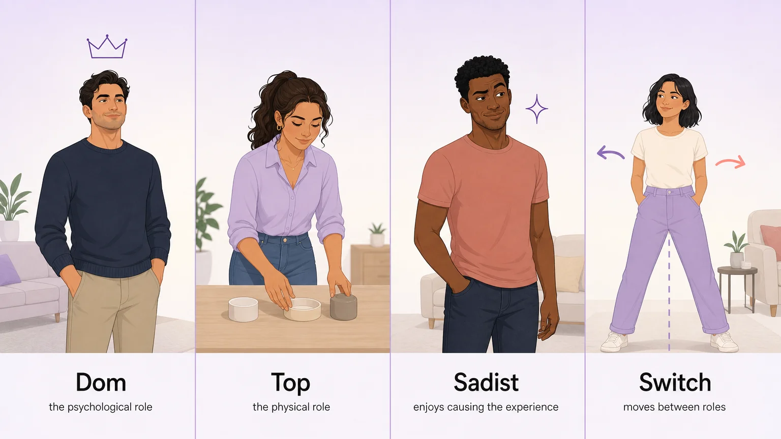 Four panels comparing Dom the psychological role, Top the physical role, Sadist enjoys causing the experience, and Switch moves between roles