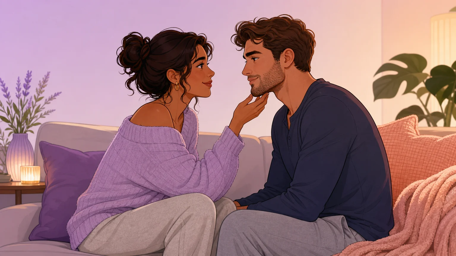 Two partners sitting close on a couch in warm, calm, amused conversation, her hand resting softly under his chin with trusting eye contact