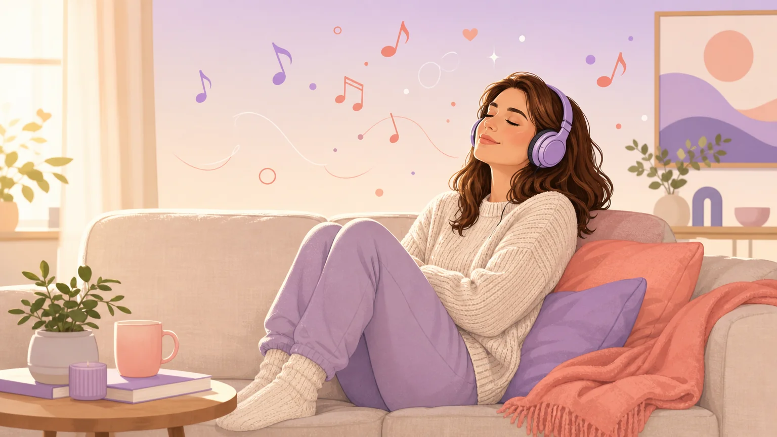 Exploring femdom hypnosis on your own: a woman relaxing with headphones in a calm, absorbed state