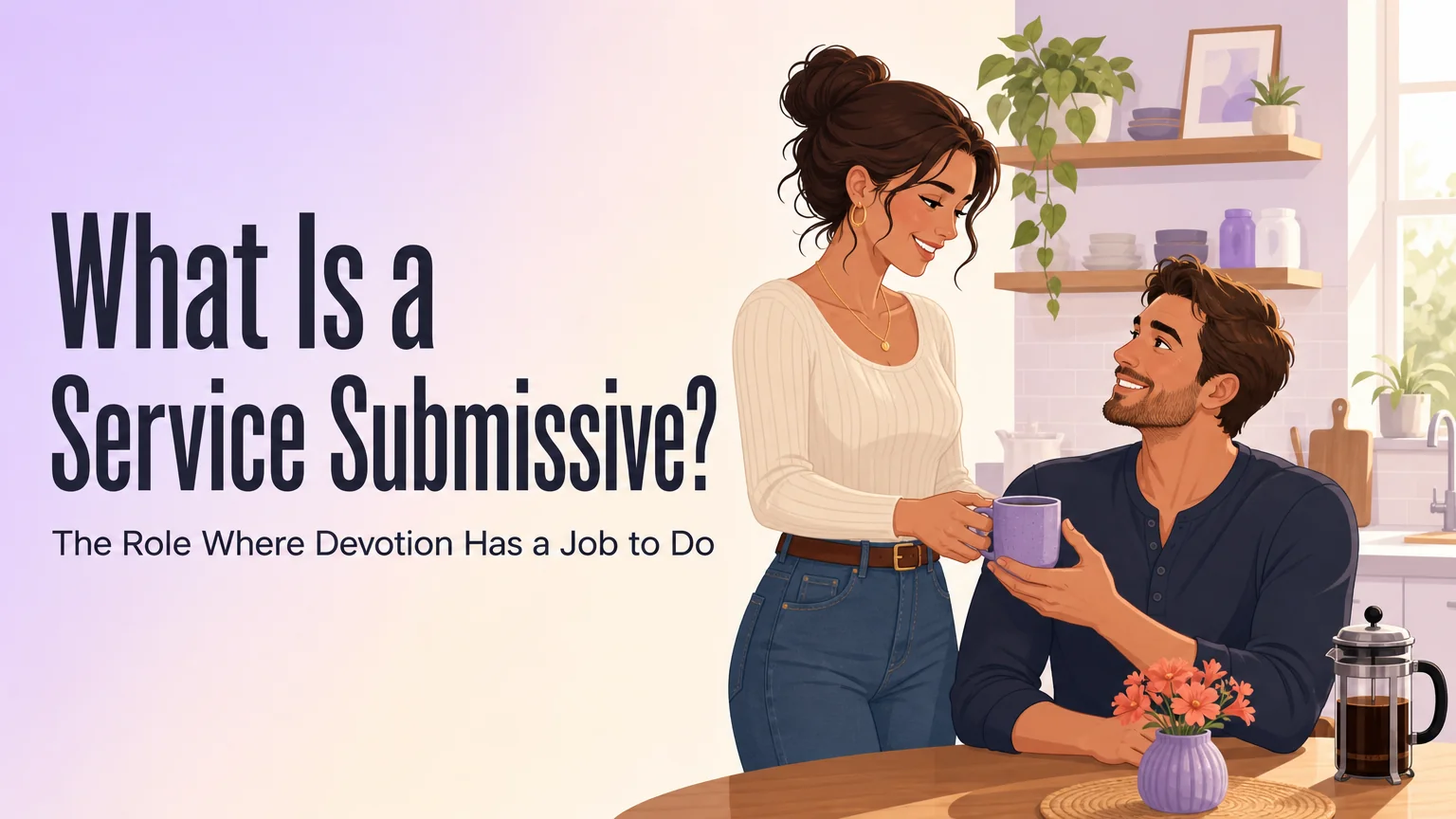 Illustration of a couple sharing coffee in a bright kitchen, with the article title What Is a Service Submissive