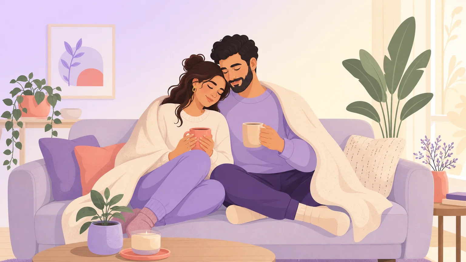 A couple wrapped in a blanket shares aftercare and warm drinks after a scene