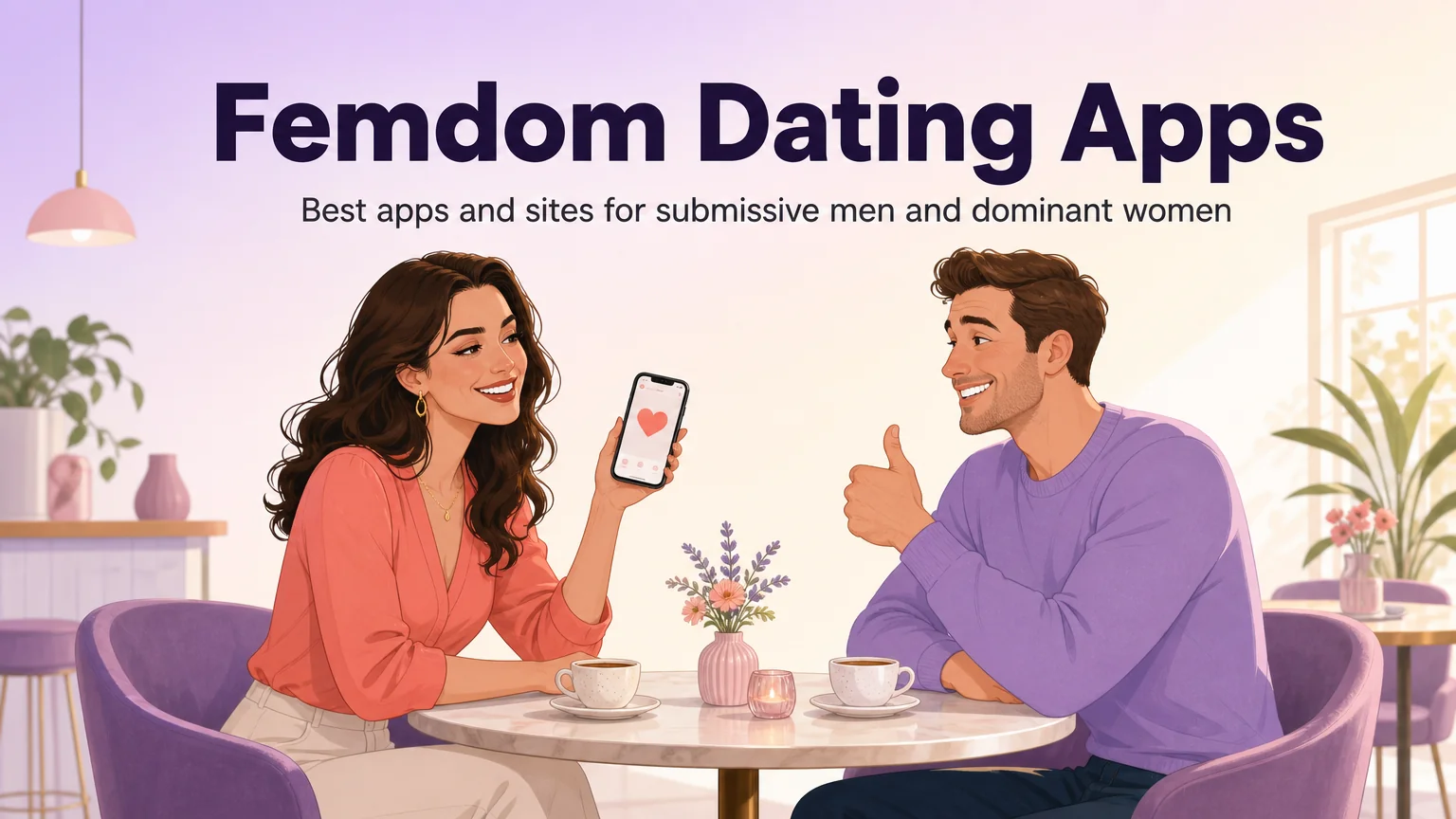 Femdom dating apps guide cover illustration: an adult man and woman smiling at a cafe table while she shows him a dating app on her phone