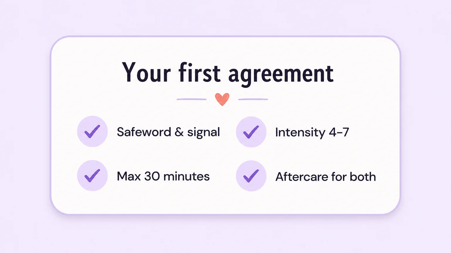 A printable first femdom scene agreement checklist: safeword and signal, intensity 4-7, max 30 minutes, aftercare for both