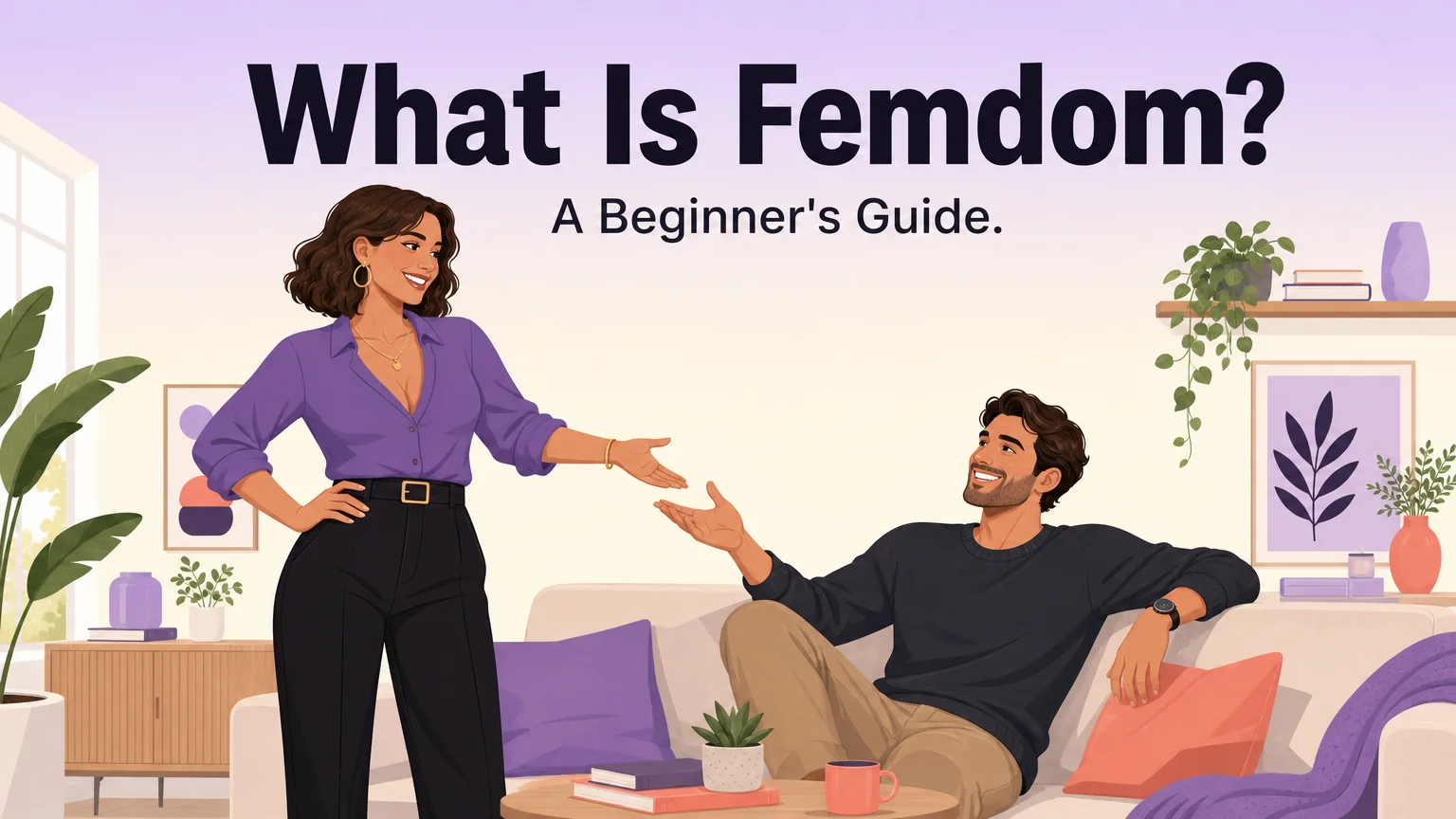 3Fun flat illustration cover: a confident woman playfully inviting her partner on a couch, titled What Is Femdom?