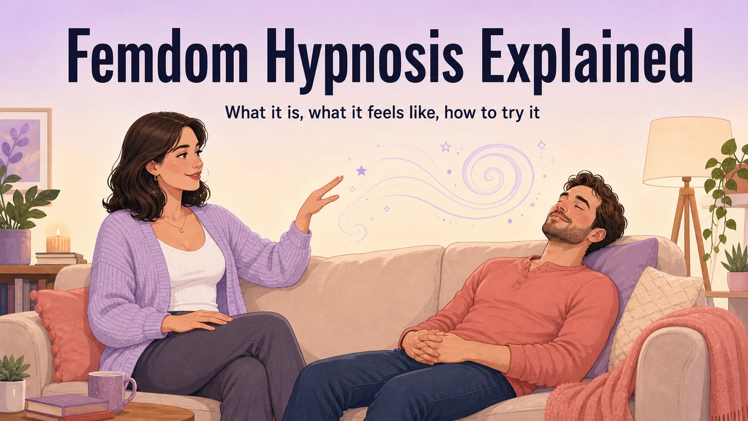Femdom Hypnosis Explained cover: a woman calmly guiding her relaxed partner into a trance on a couch