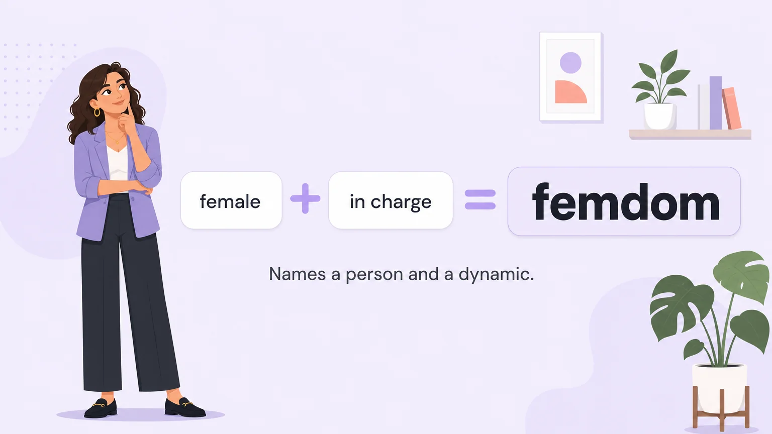 Concept card showing the word femdom built from female plus in charge, with a curious onlooker