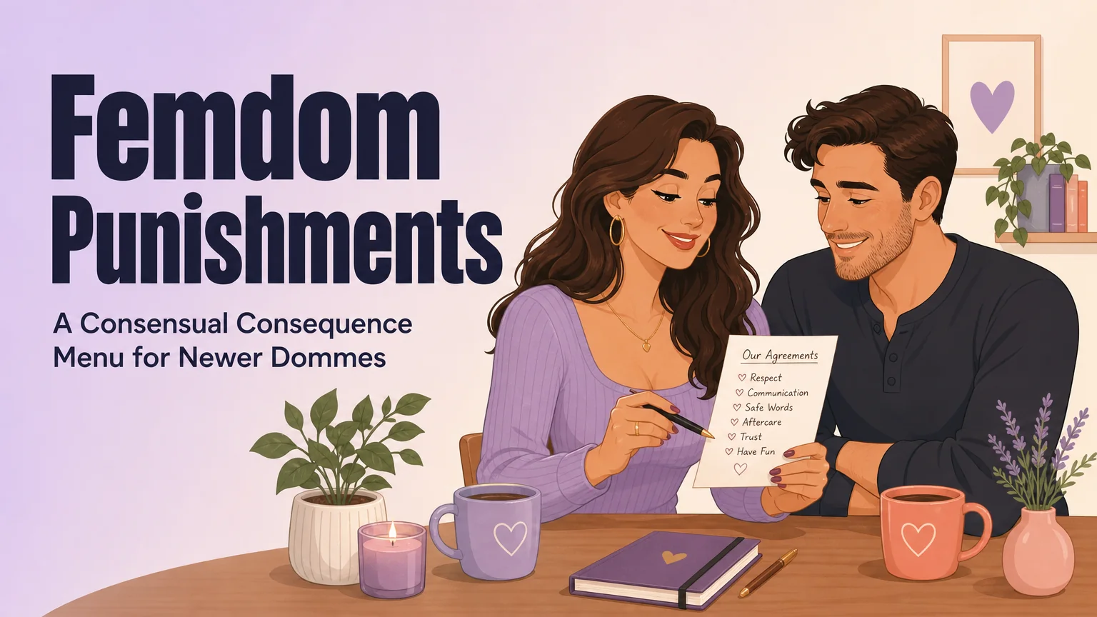 3Fun flat illustration cover: a confident adult couple calmly reviewing a shared agreement list together, titled Femdom Punishments
