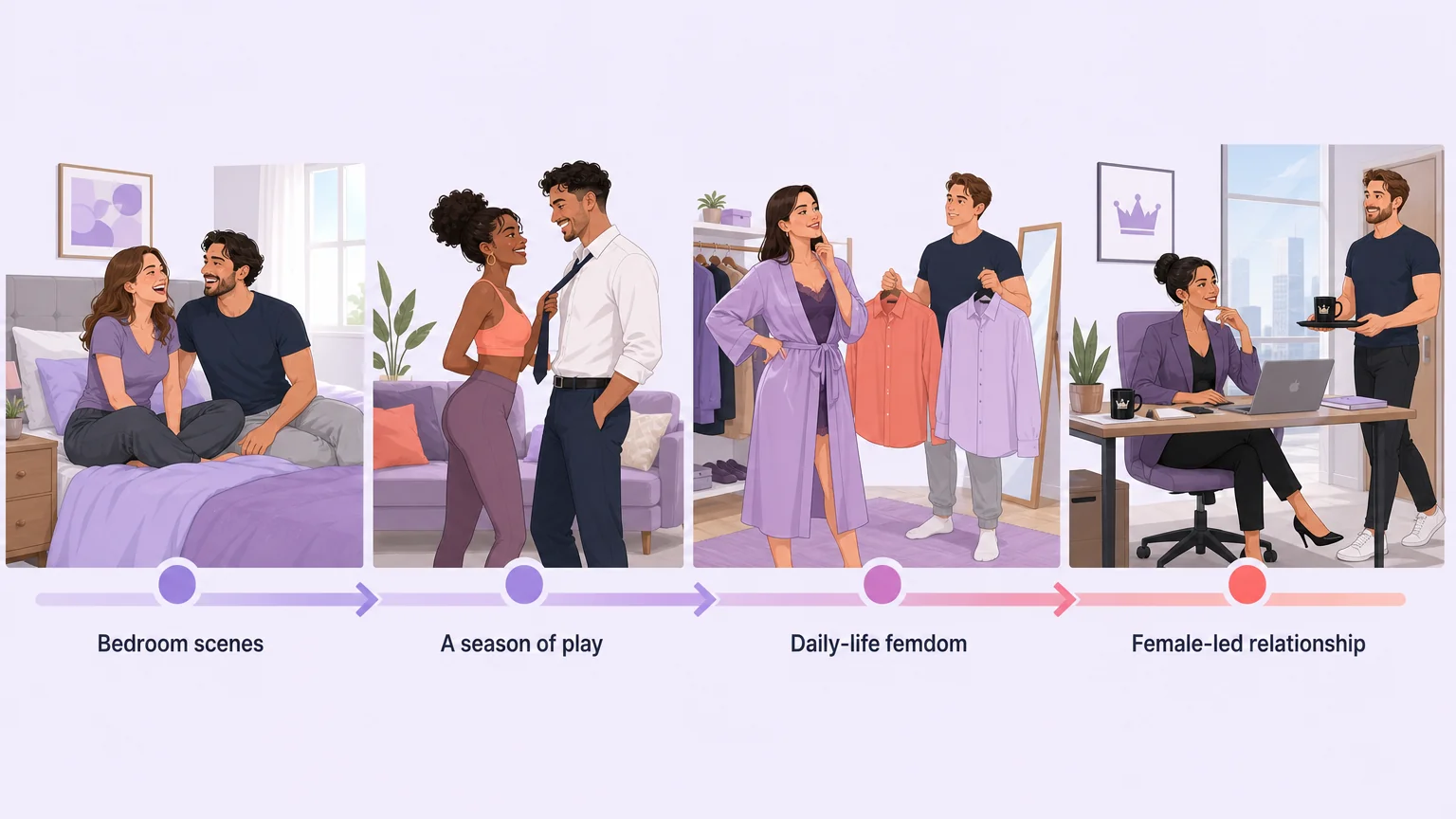 Spectrum graphic of four stages: bedroom scenes, a season of play, daily-life femdom, and a female-led relationship