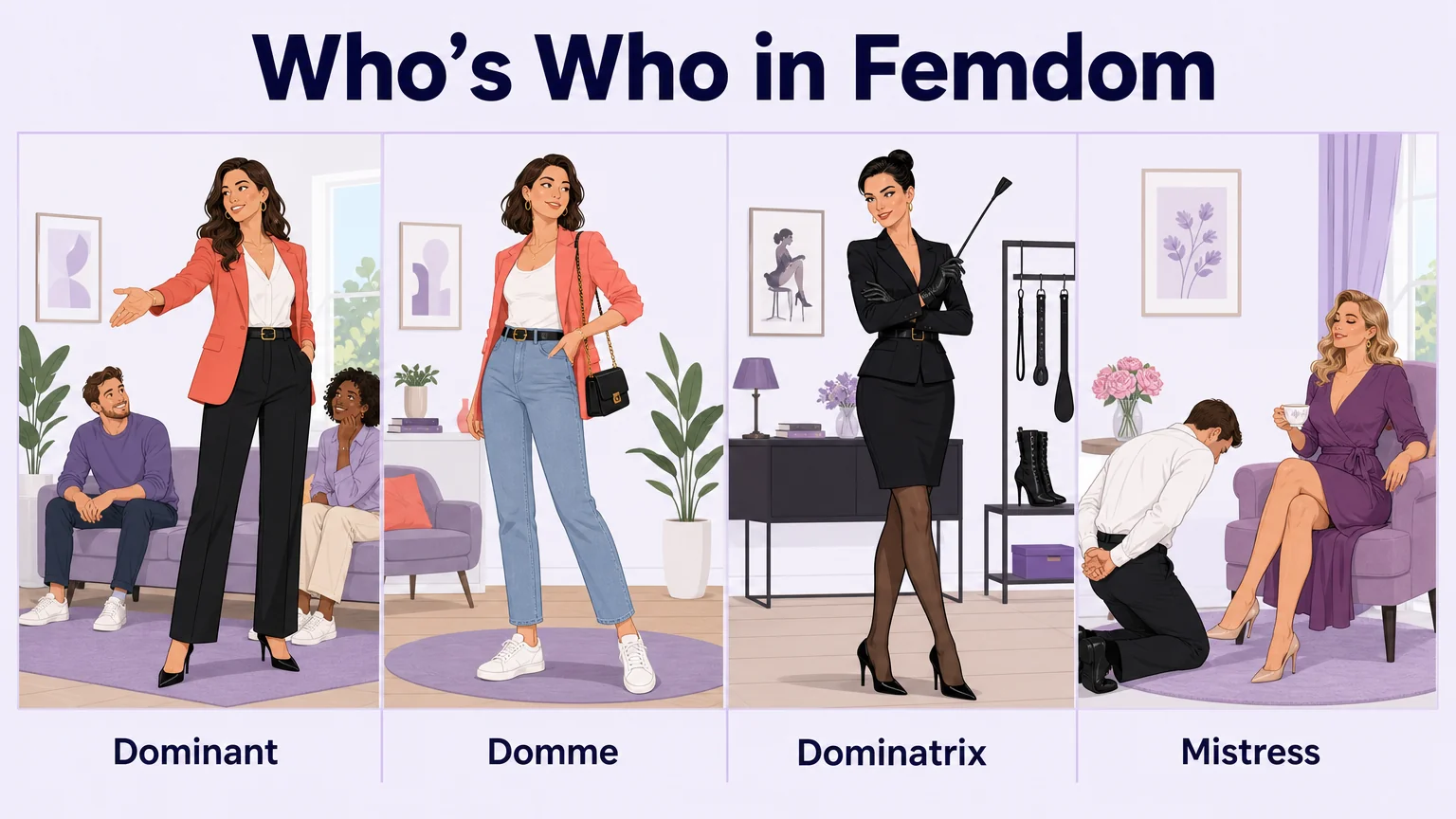 Four-panel comparison of femdom roles: Dominant, Domme, Dominatrix, and Mistress, each with an adult character