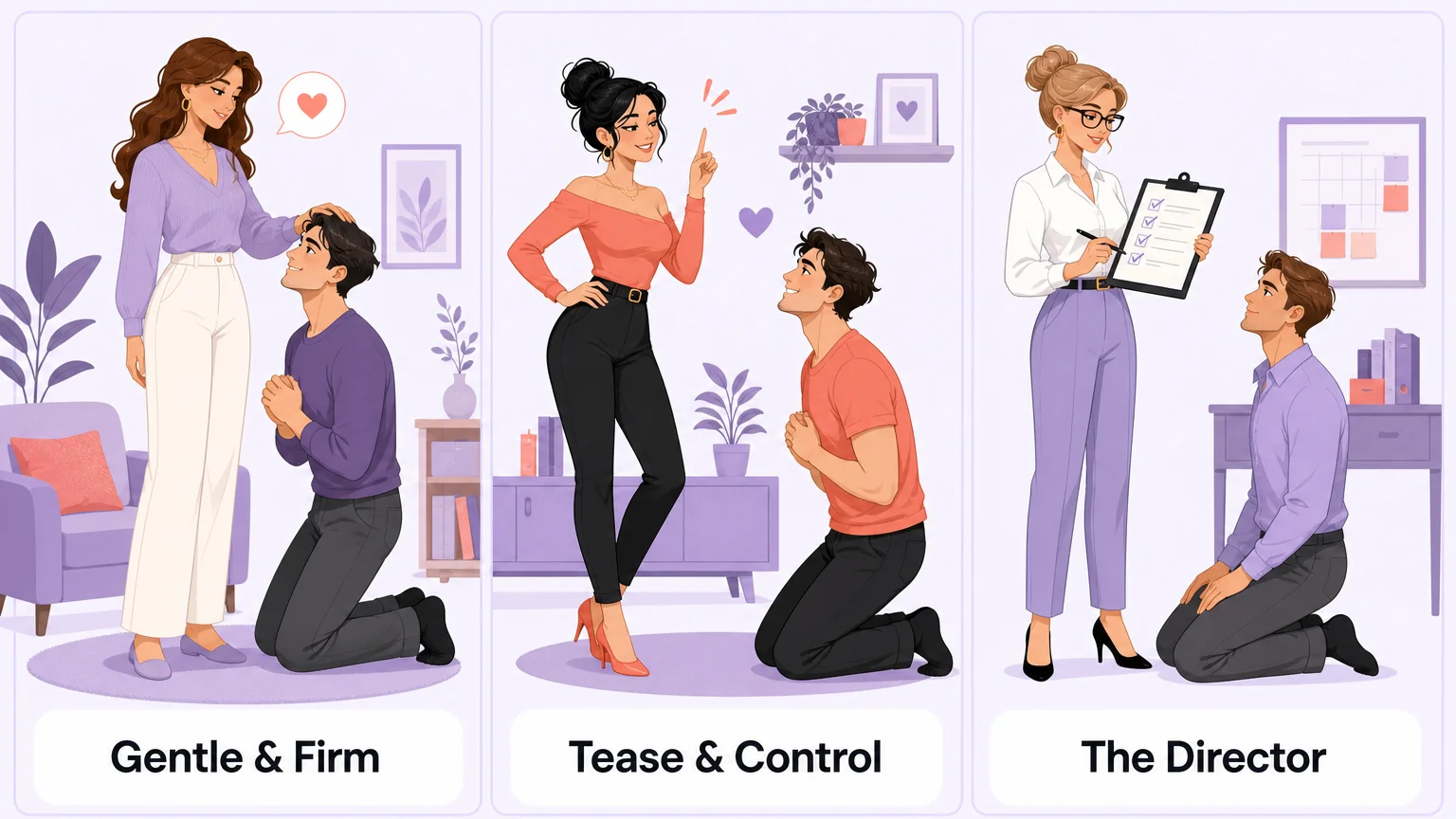 Three femdom starter styles illustrated side by side: Gentle and Firm, Tease and Control, and The Director
