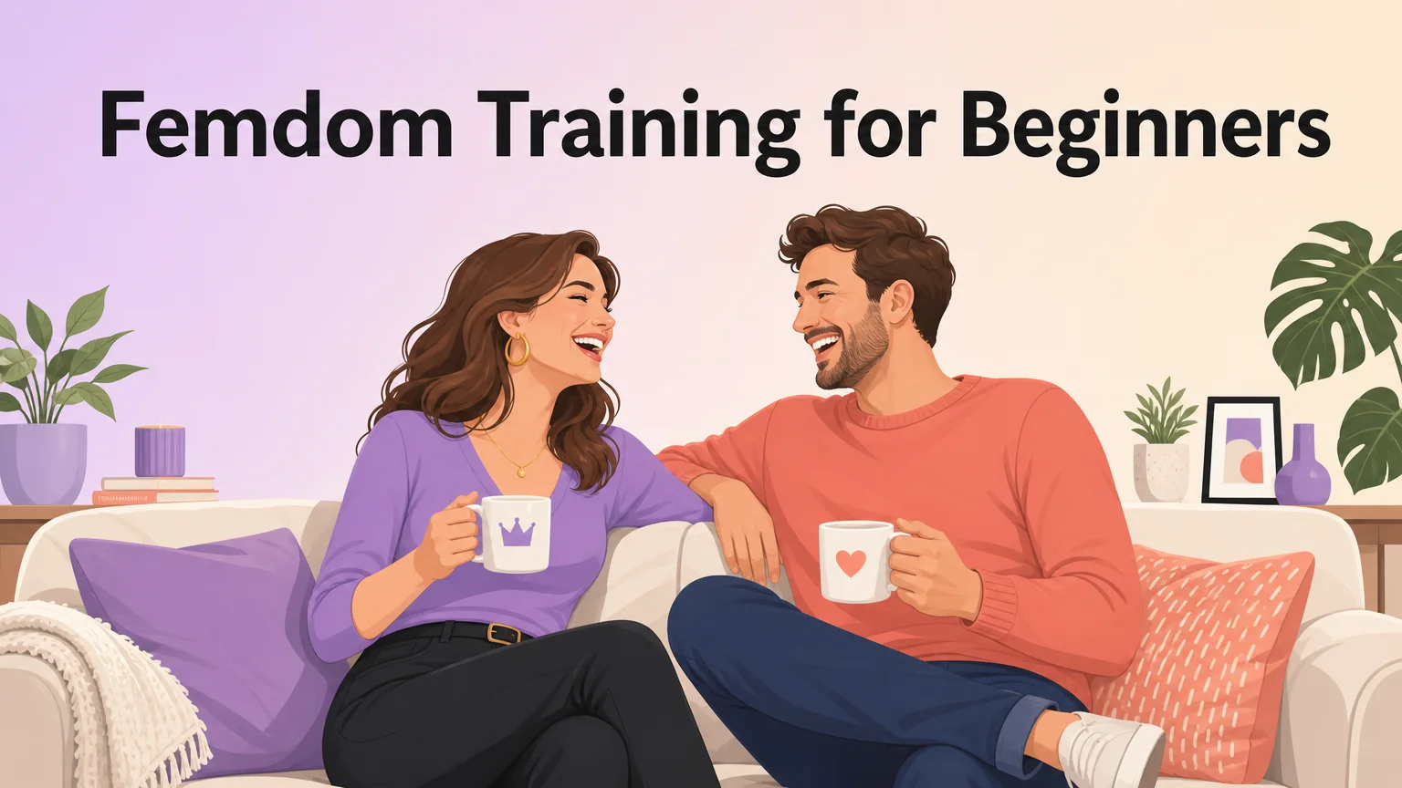 3Fun illustration of a laughing couple on a couch with the title Femdom Training for Beginners