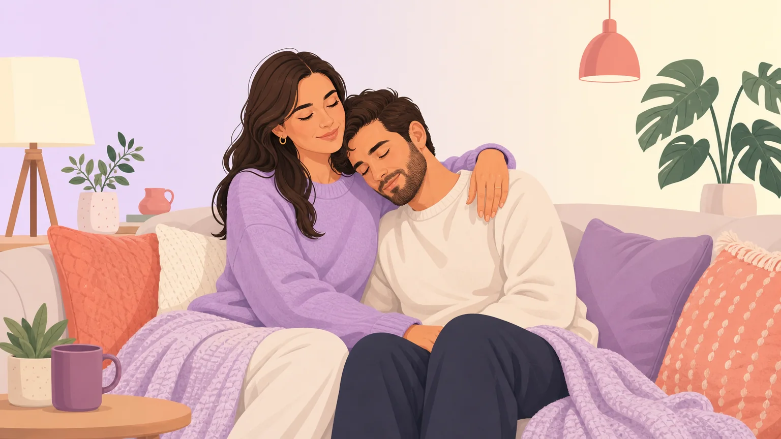 Two adult partners sitting close on a sofa, one resting trustingly on the other's shoulder in a calm, caring moment
