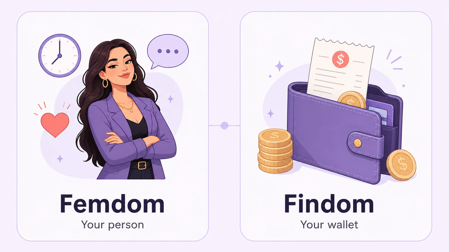 Two-panel illustration comparing femdom as your person versus findom as your wallet