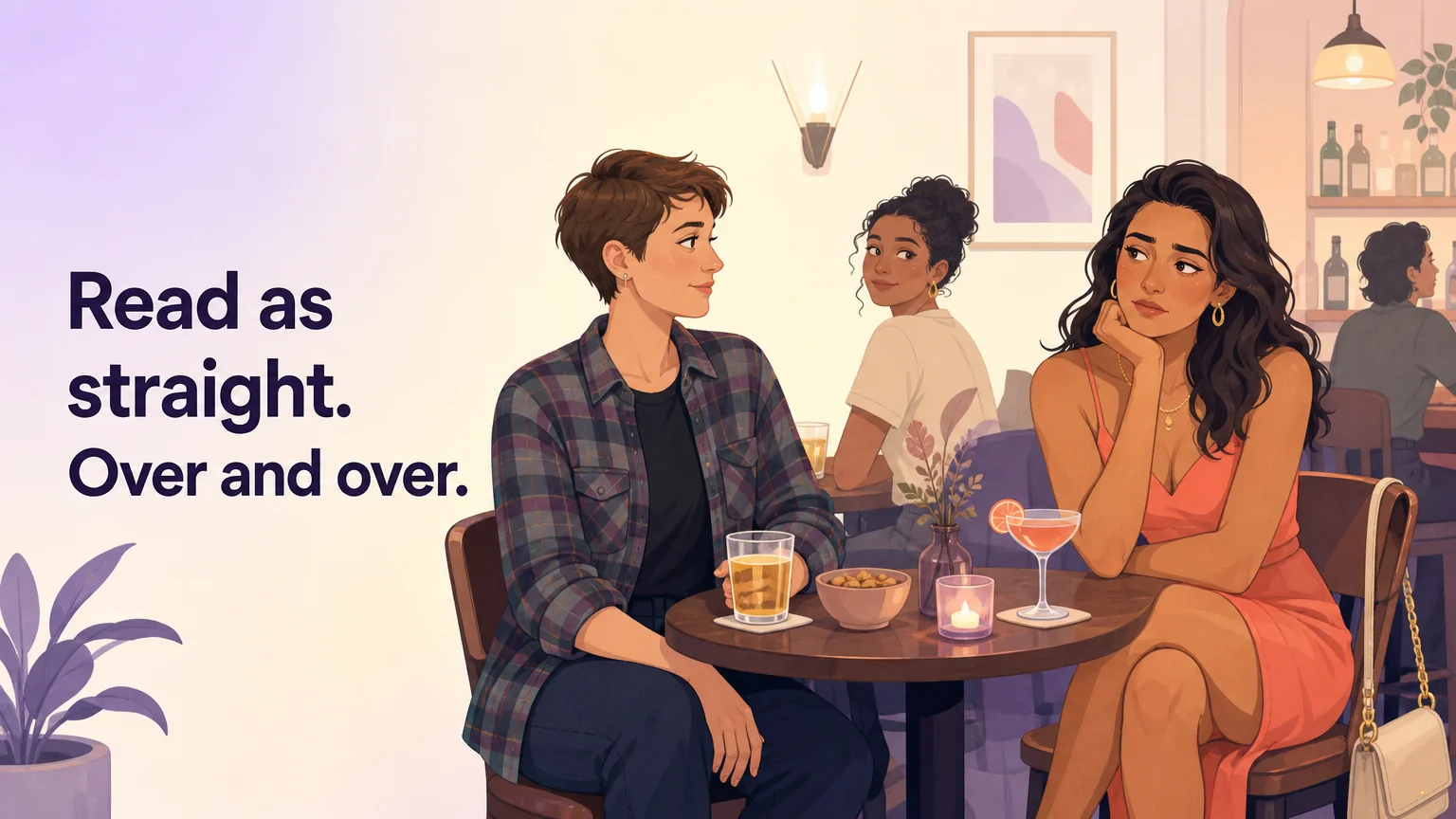 A woman in a dress read as straight at a bar while the woman in flannel beside her is assumed to be the queer one