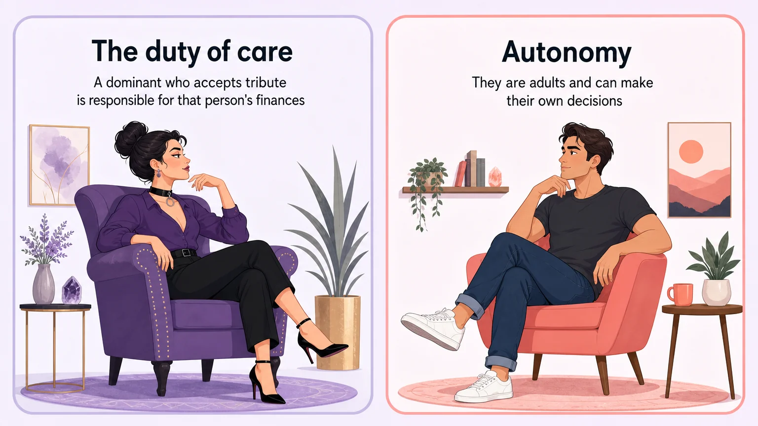 Duty of care and autonomy shown as two opposing views on findom ethics