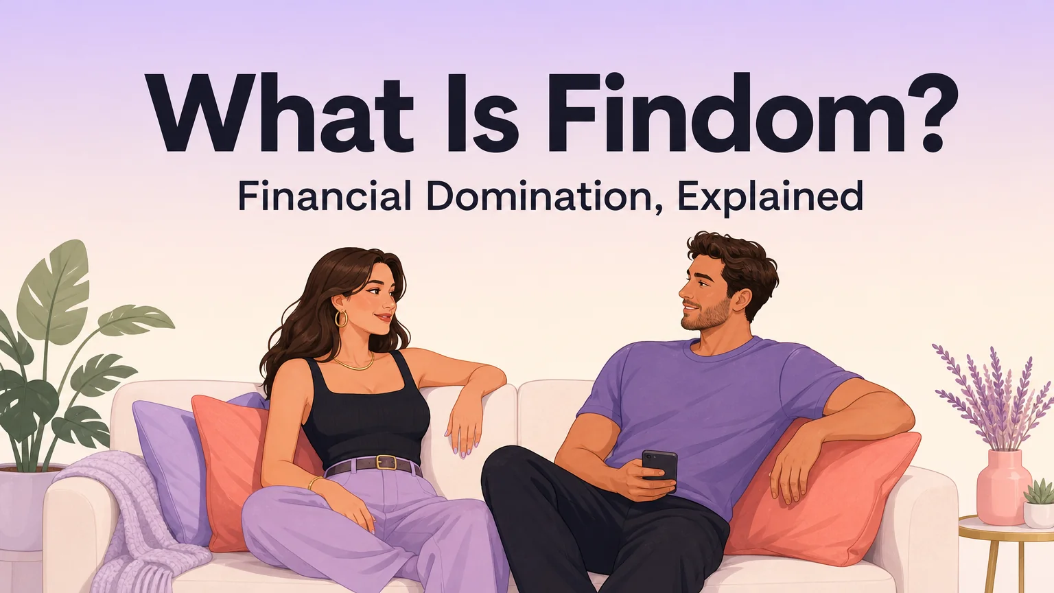 Two adults talking on a sofa, illustrating a plain-English guide to financial domination