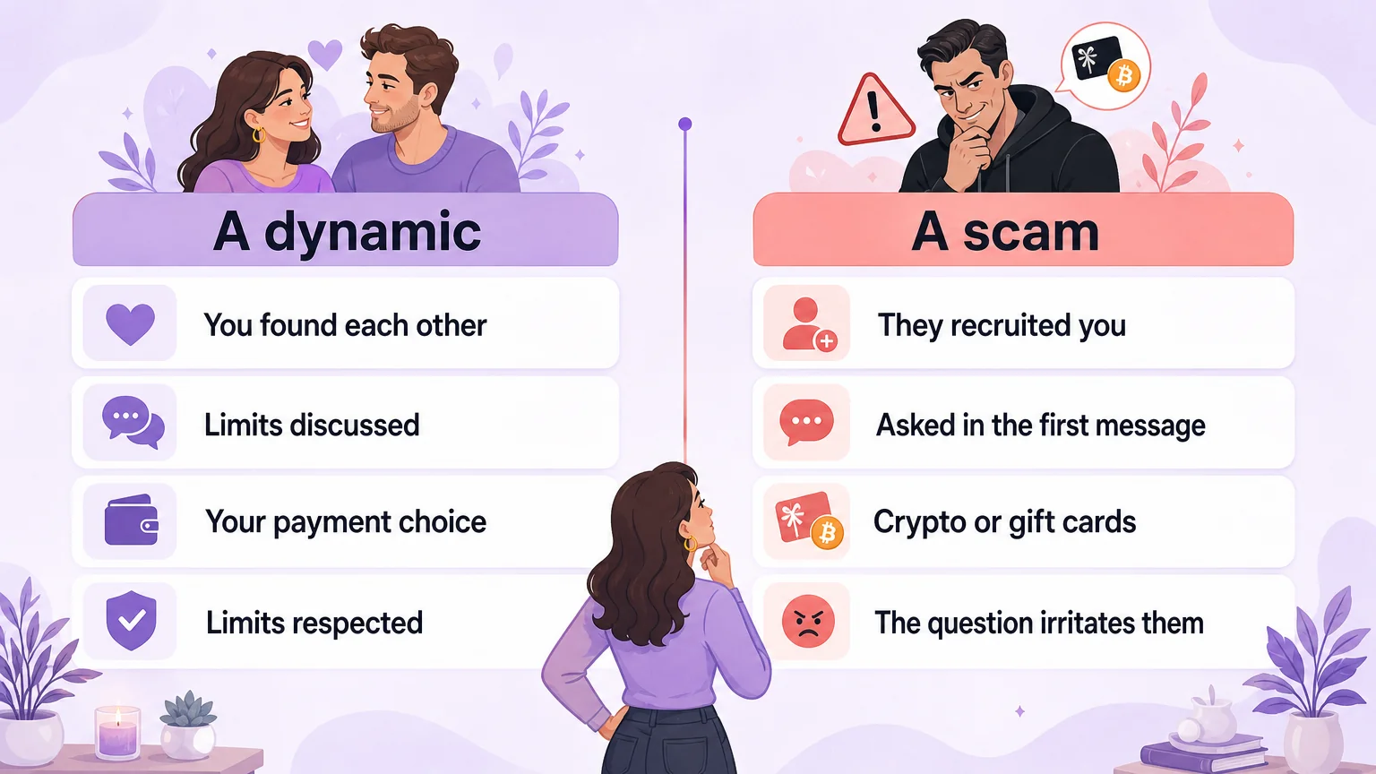 Checklist comparing a real findom dynamic against a scam