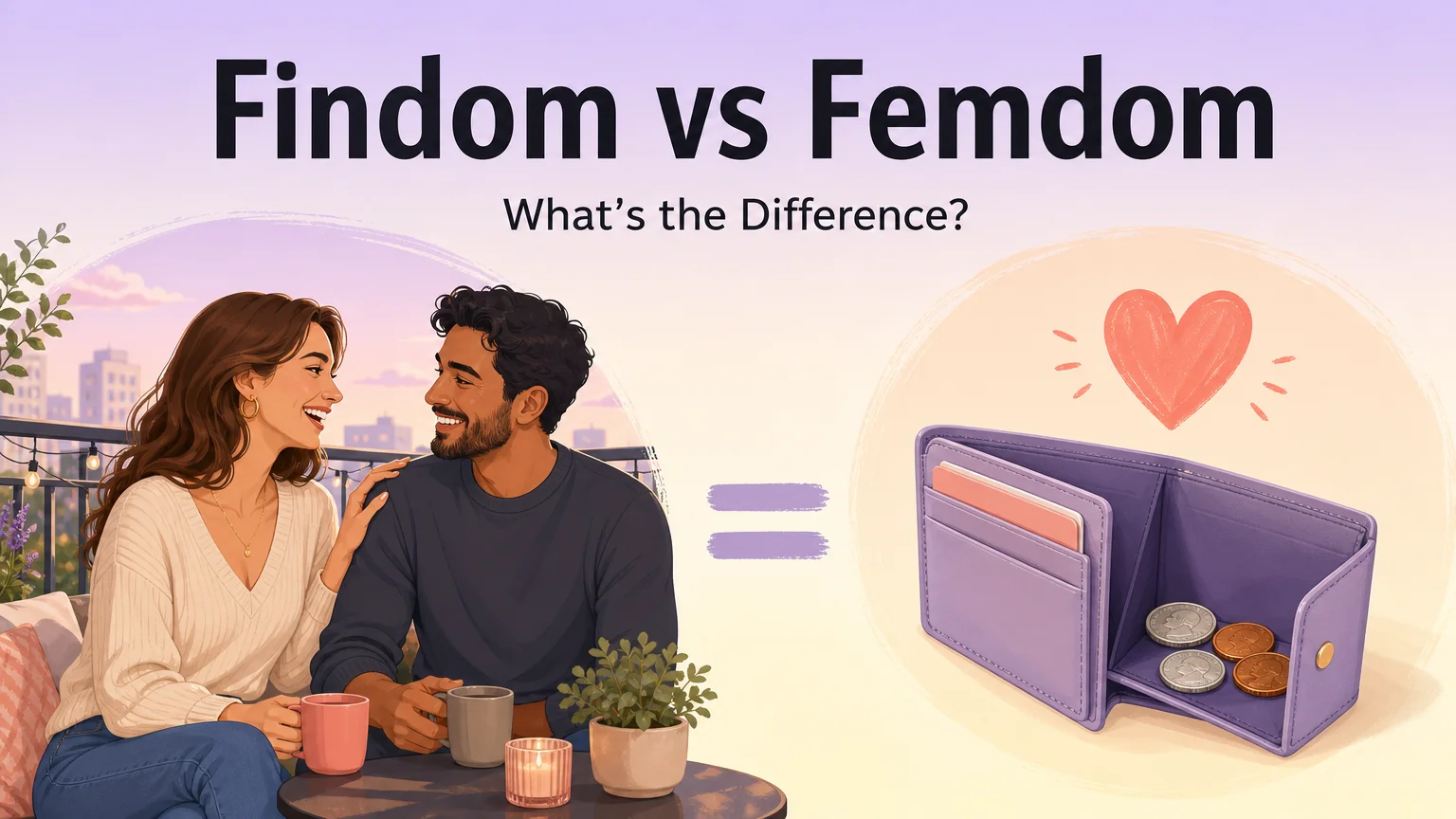 Findom vs Femdom cover illustration of a couple sharing a warm moment on a balcony beside an open wallet with a heart