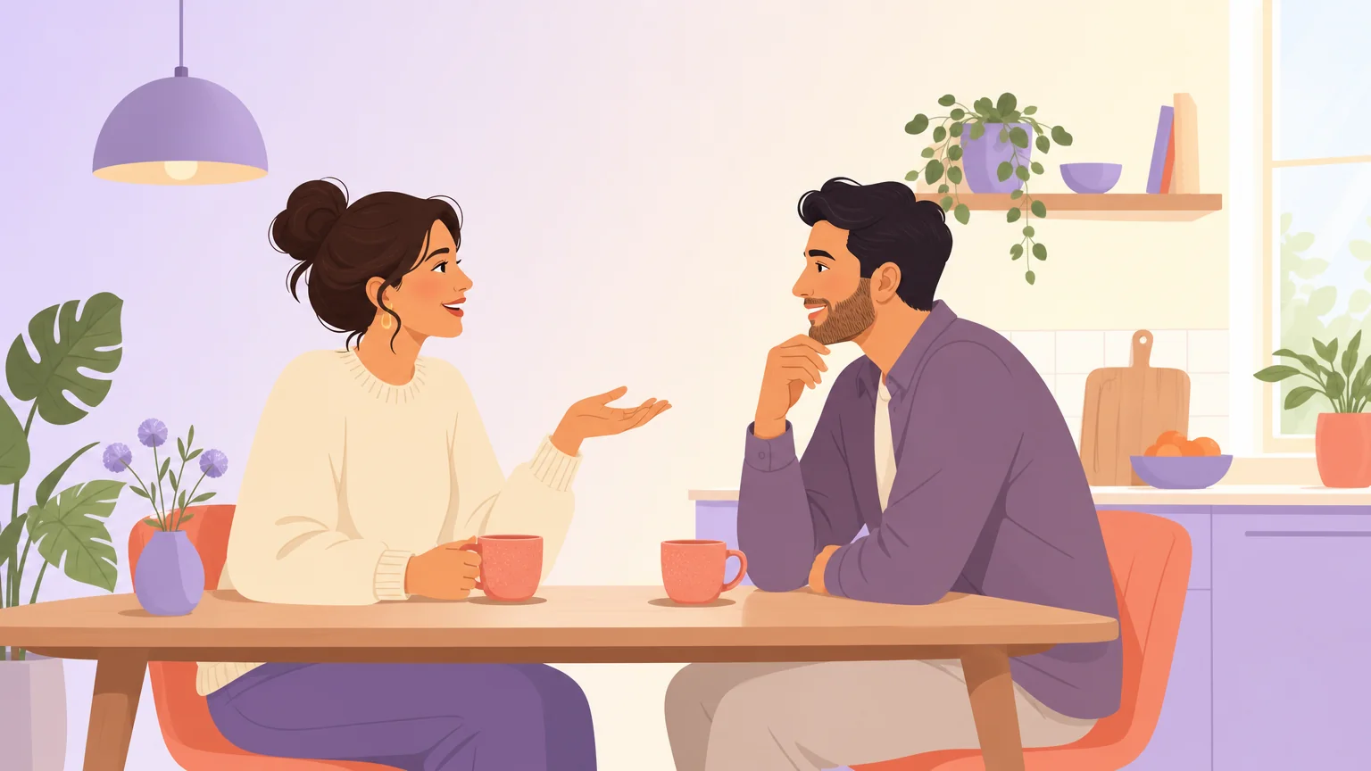 A couple shares an honest first conversation about femdom over tea at the kitchen table