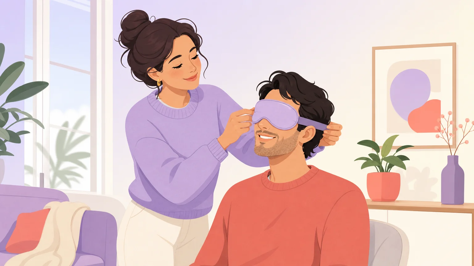 A gentle no-gear first femdom scene: a woman places a soft blindfold over her trusting partner's eyes