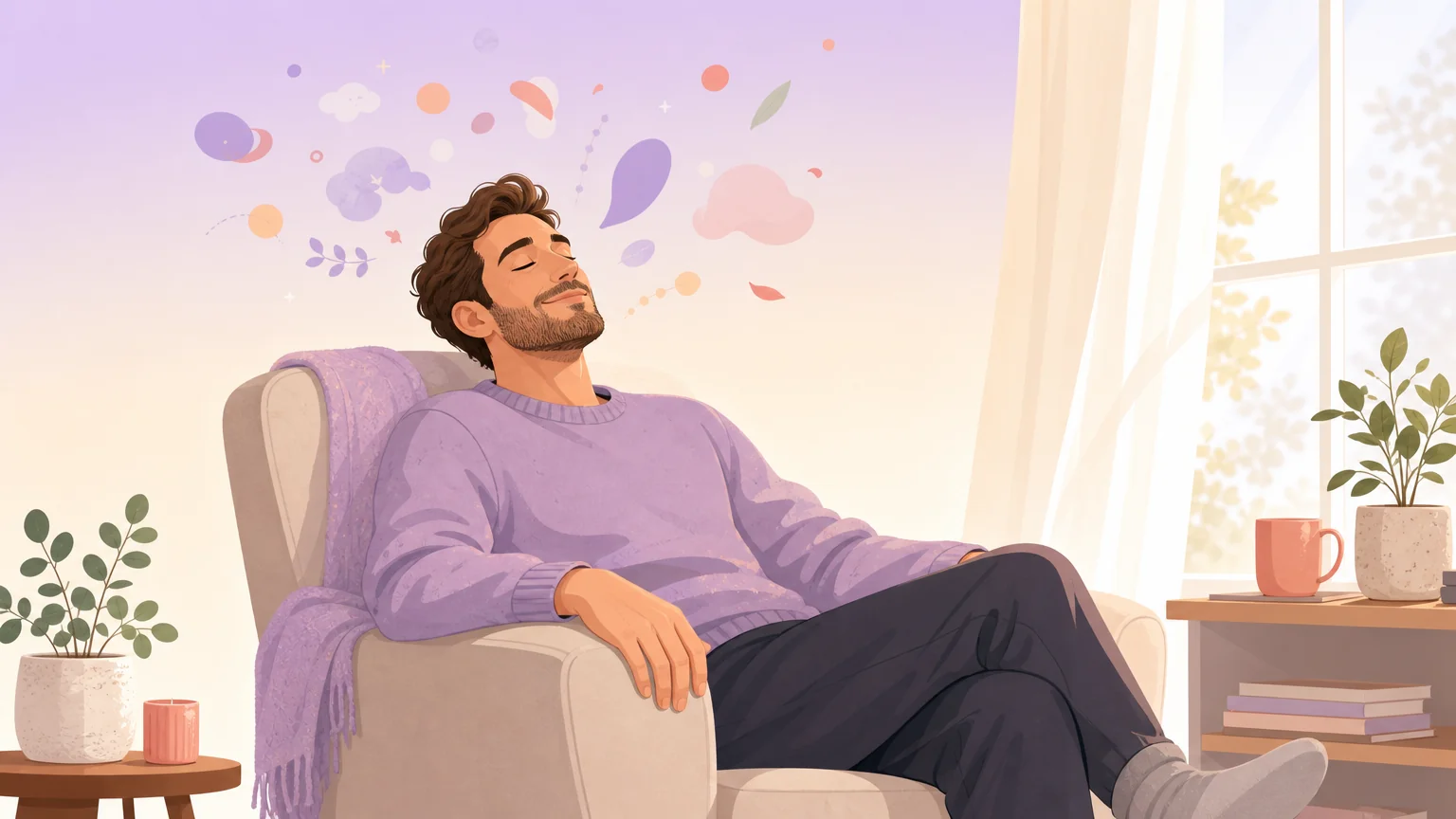 What femdom hypnosis feels like the first time: a man relaxing into a calm, floaty trance in an armchair