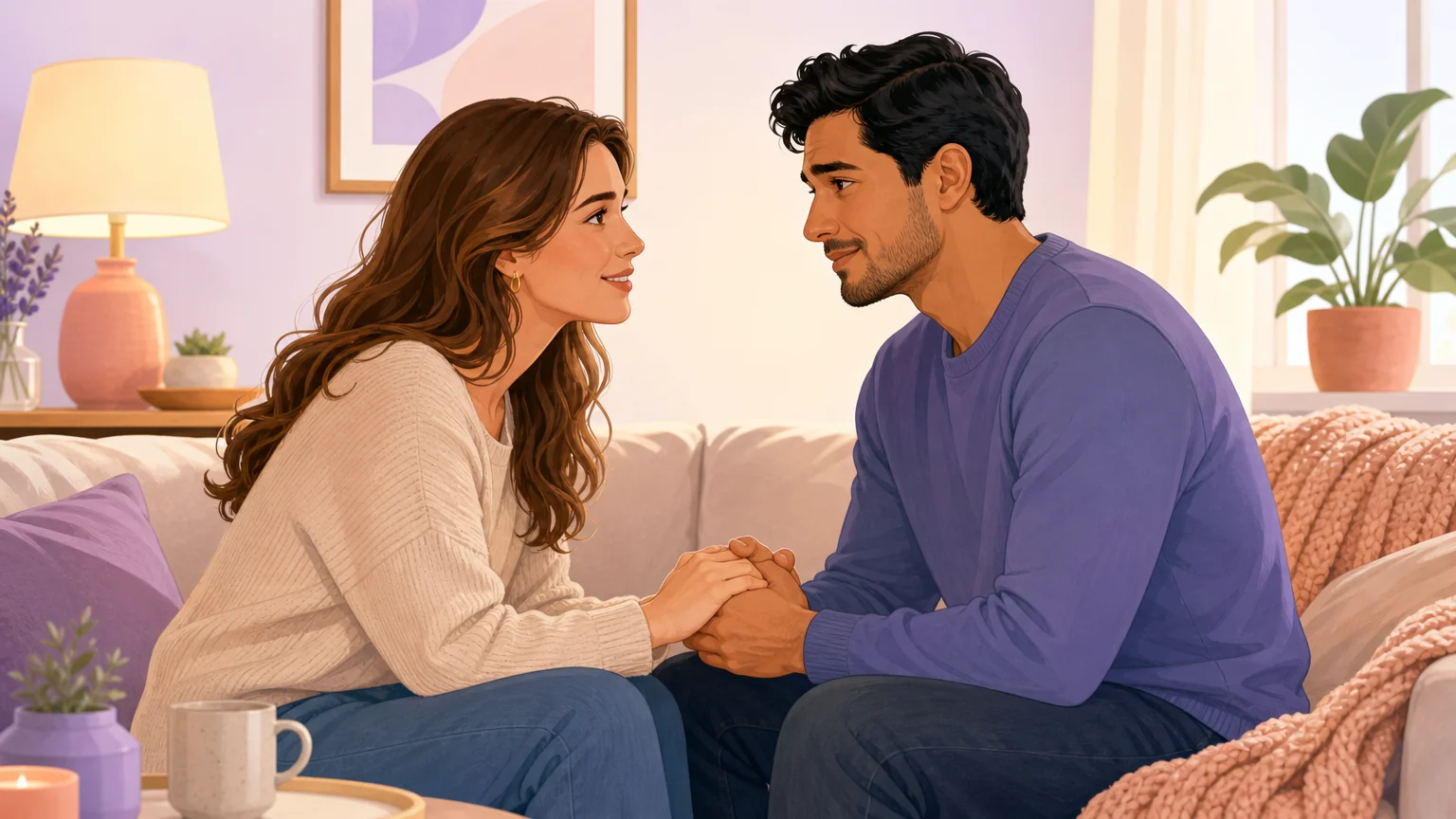 Two partners sharing a tender five-minute praise moment on a couch