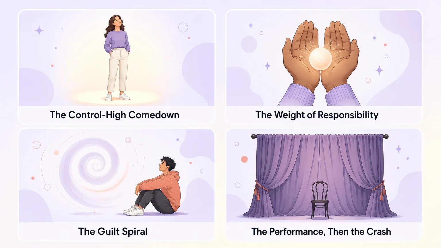 Four panels showing the four loads a top carries: a fading circle of light, cupped hands holding a glowing orb, a soft spiral beside a seated figure, and a closed theatre curtain over an empty chair
