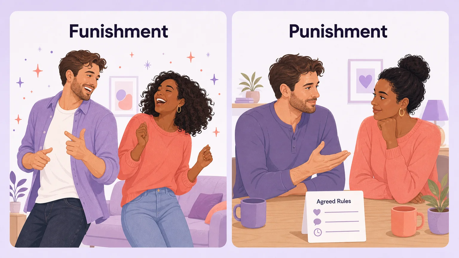 Two-panel comparison: Funishment shown as playful laughter, Punishment shown as a calm boundary conversation