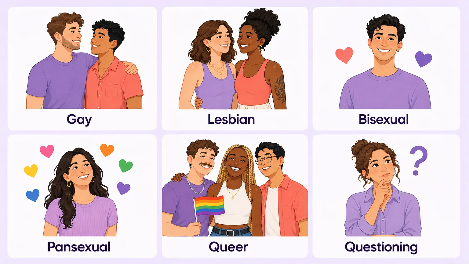 Six panels illustrating the labels gay, lesbian, bisexual, pansexual, queer and questioning