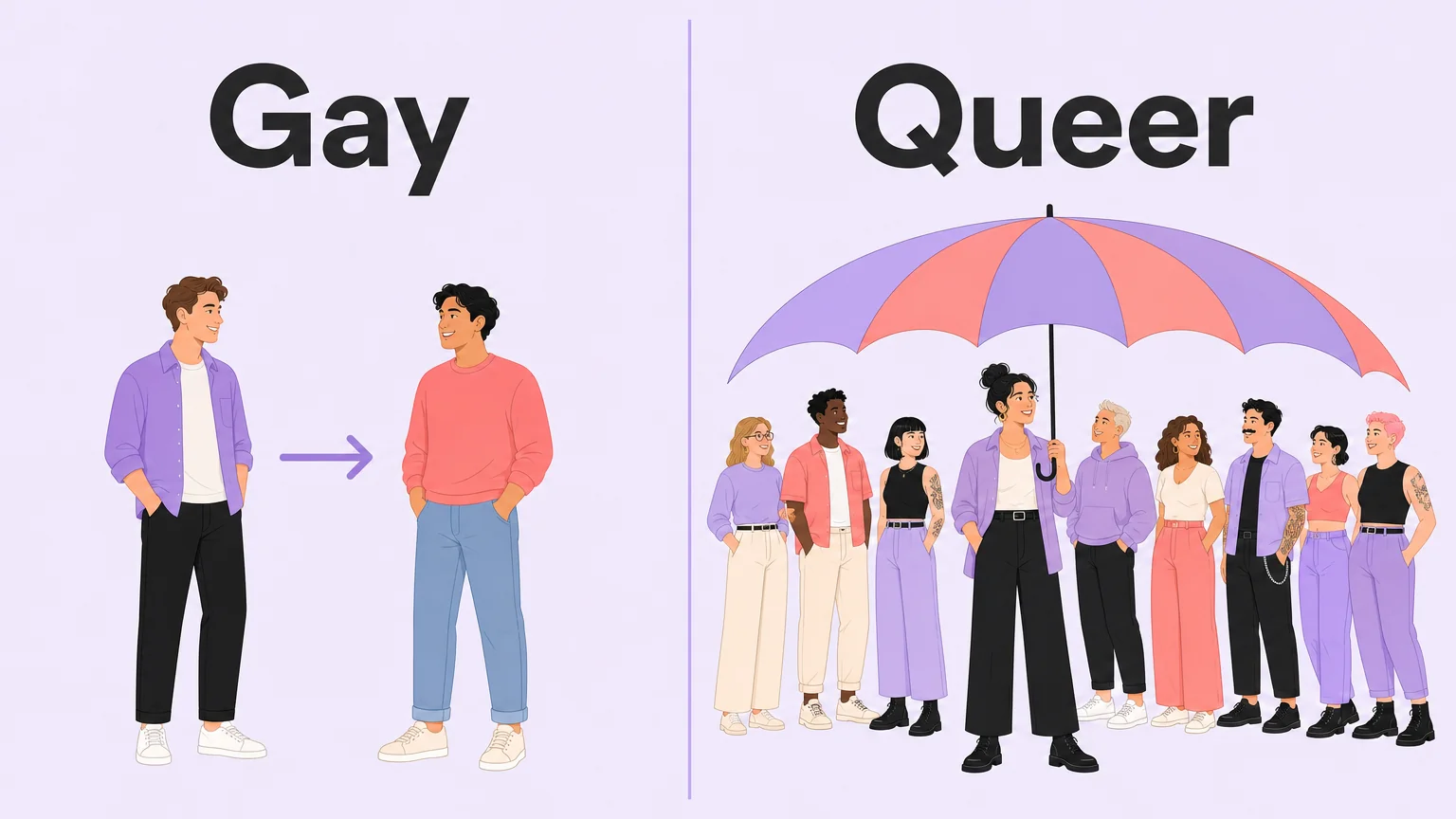 Diagram comparing gay as one specific attraction with queer as an umbrella term covering many identities