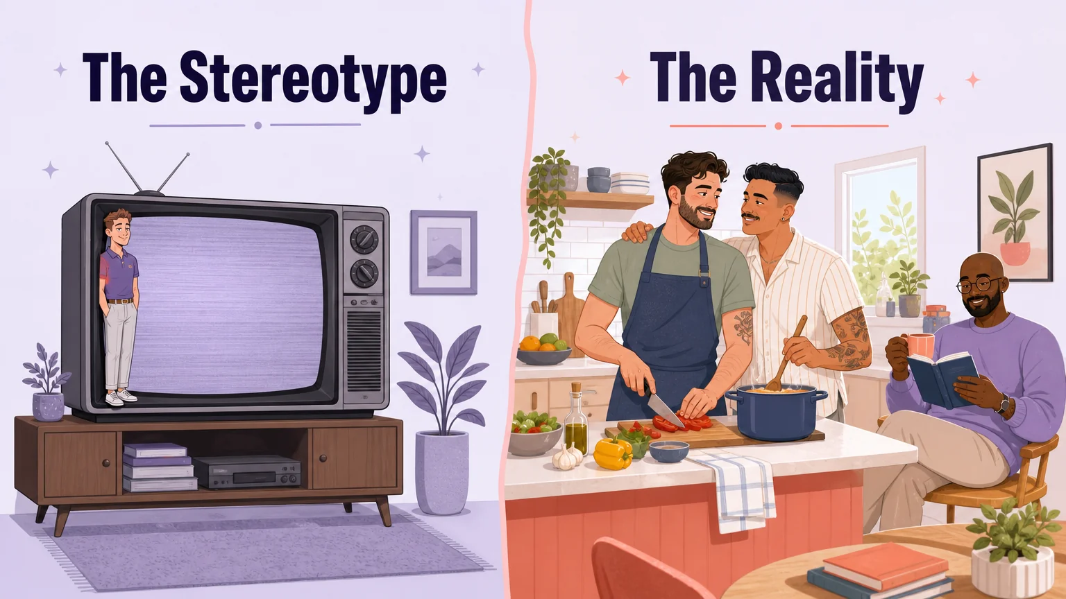 Two columns contrasting the media stereotype on television with the reality of ordinary gay lives