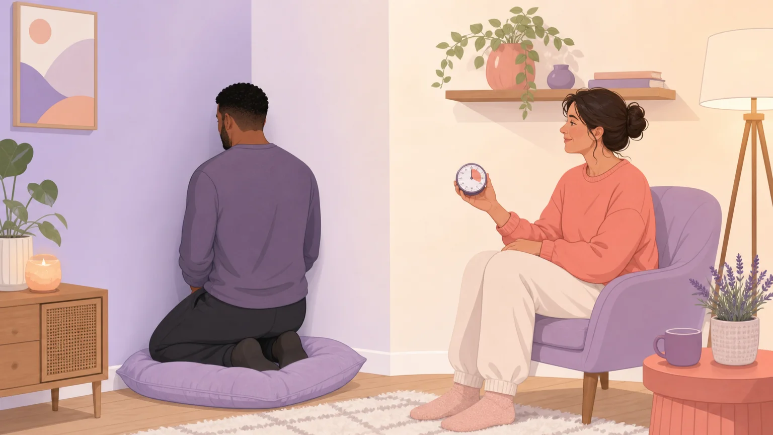 A man kneeling on a padded cushion in a calm corner while a woman watches over him with a timer