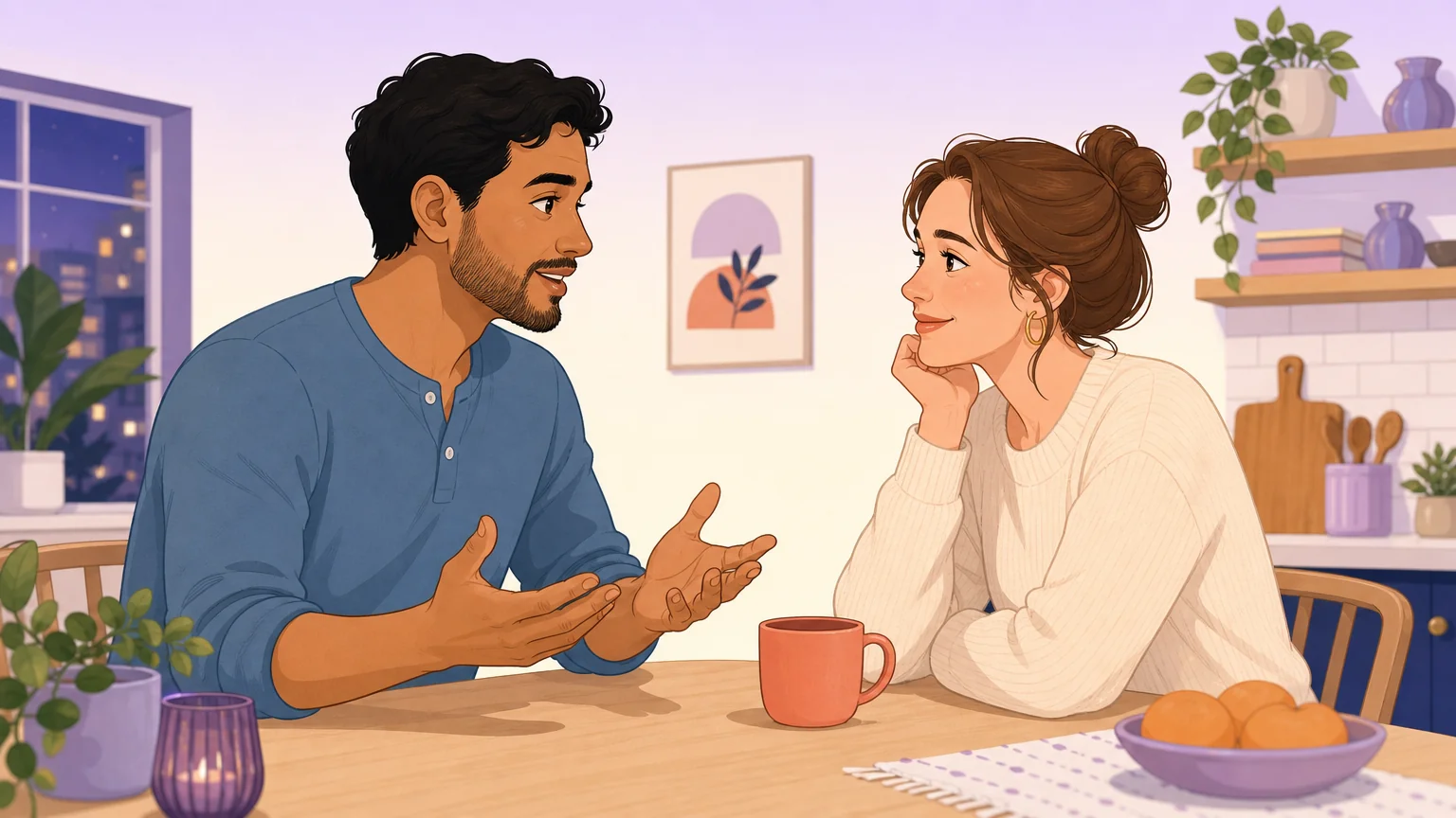 An adult couple talking openly at a kitchen table, leaning toward each other, in the warm moment of naming a desire for the first time