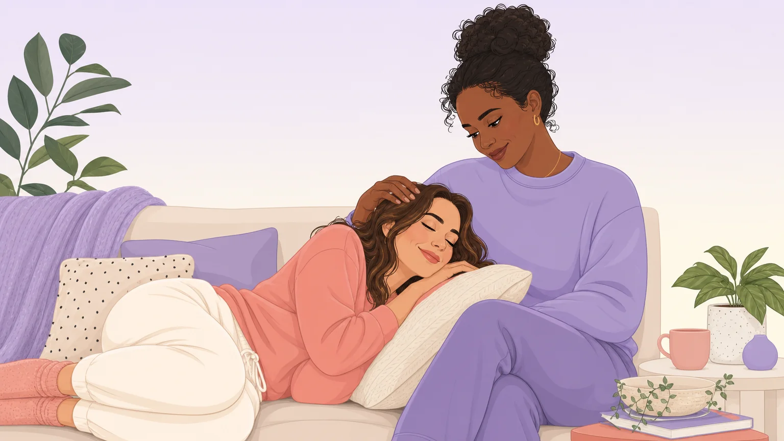 Two adult women sharing a tender moment at home, one gently stroking the other's hair while she rests, safe and cared for