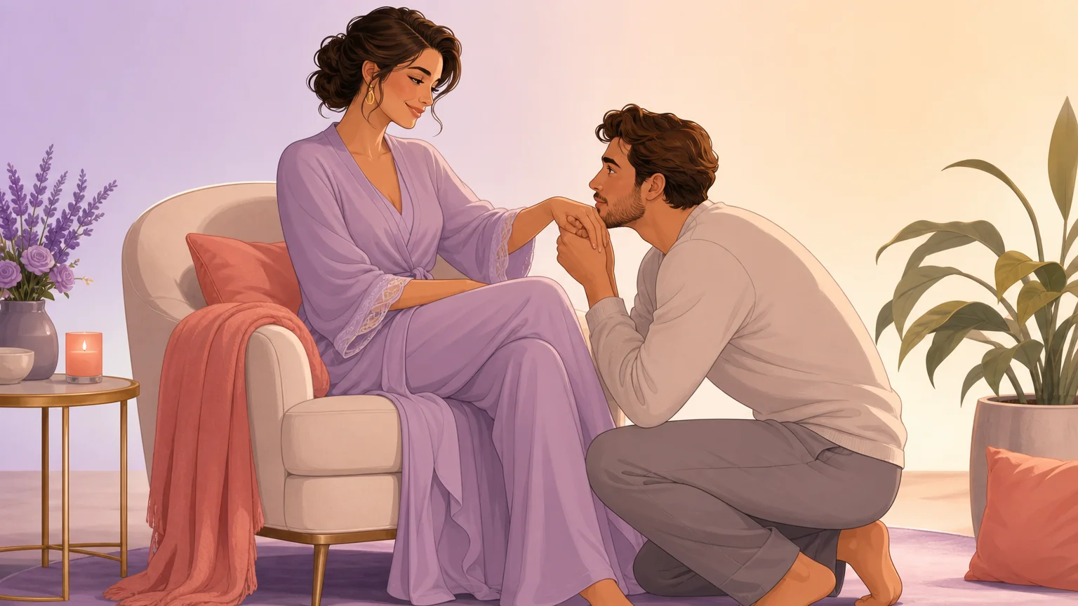 Tender gentle scene: a partner kneels before a seated woman and kisses the back of her hand, looking up with devotion and affection