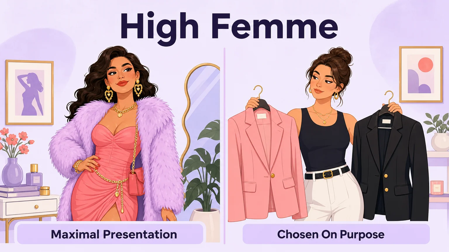 High femme defined in two parts: maximal presentation and a deliberate choice, shown as two side-by-side scenes