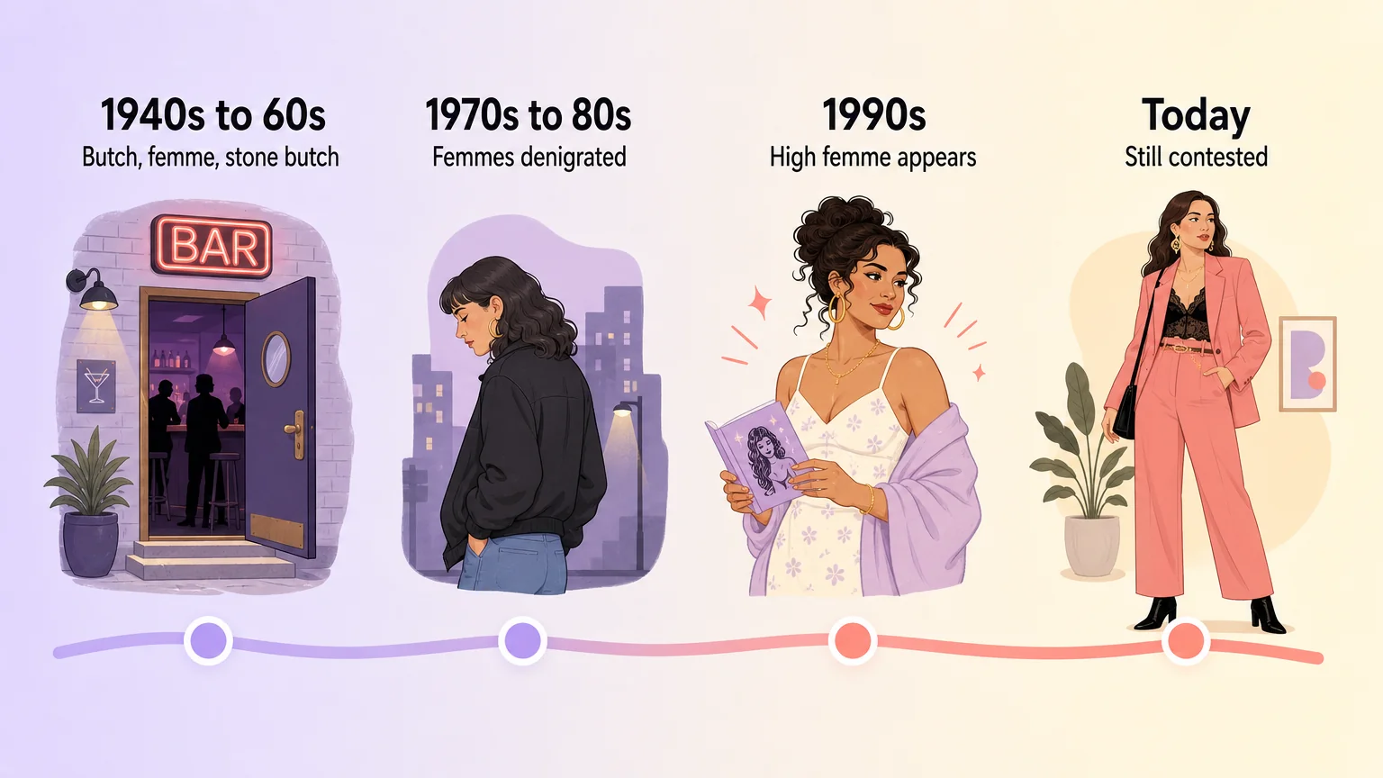 Timeline of high femme history: the 1940s to 60s with butch, femme and stone butch, the 1970s to 80s when femmes were denigrated, the 1990s when high femme appears, and today when it is still contested
