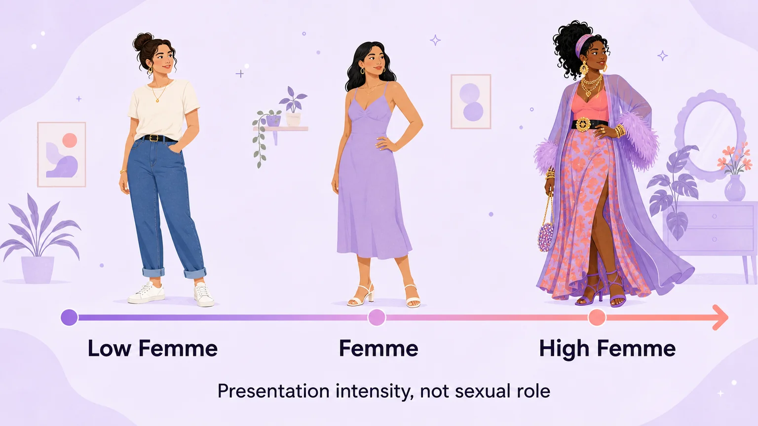The femme spectrum from low femme to femme to high femme, showing presentation intensity rather than sexual role