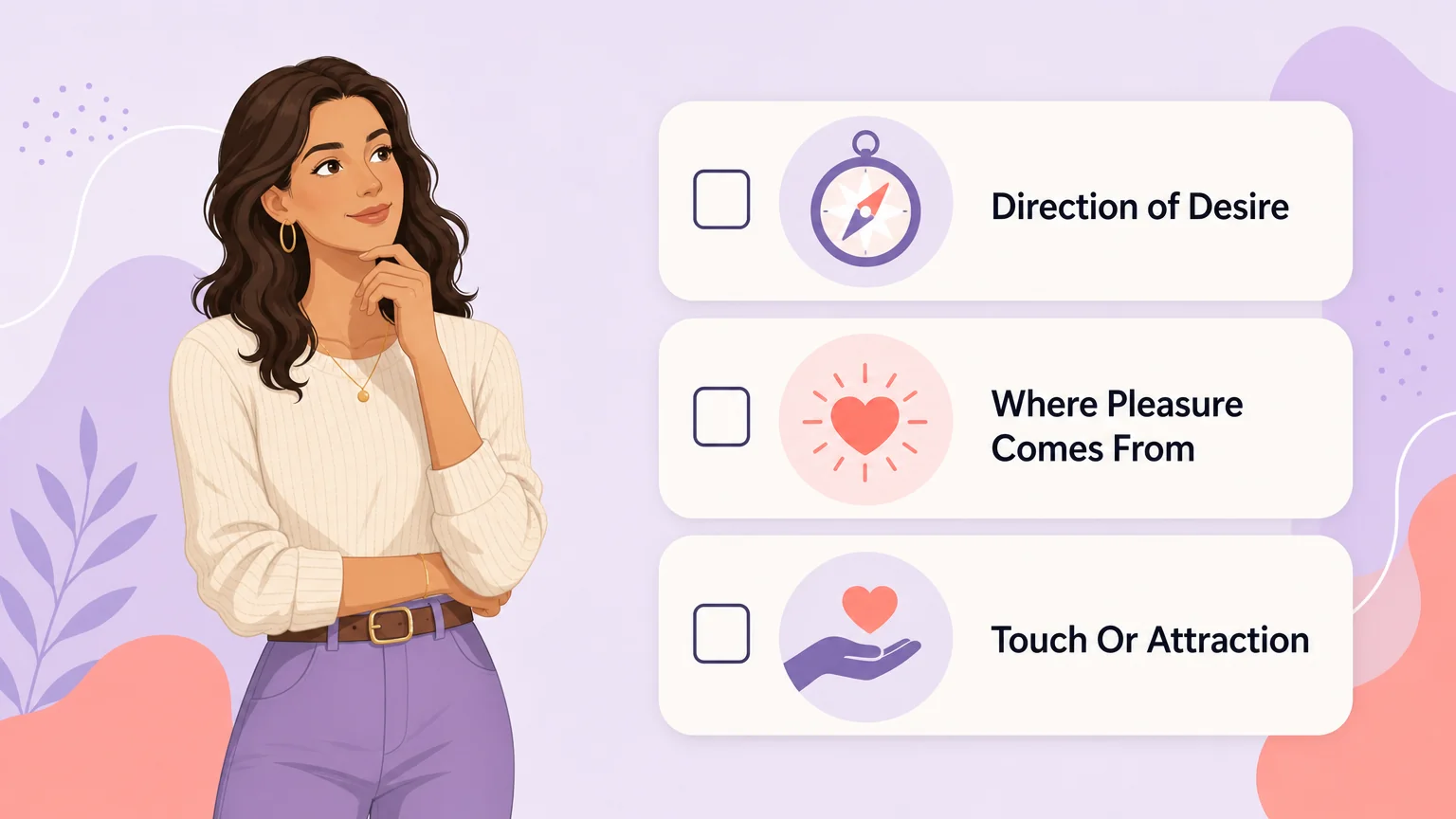 Self-assessment checklist asking about direction of desire, where pleasure comes from, and touch or attraction